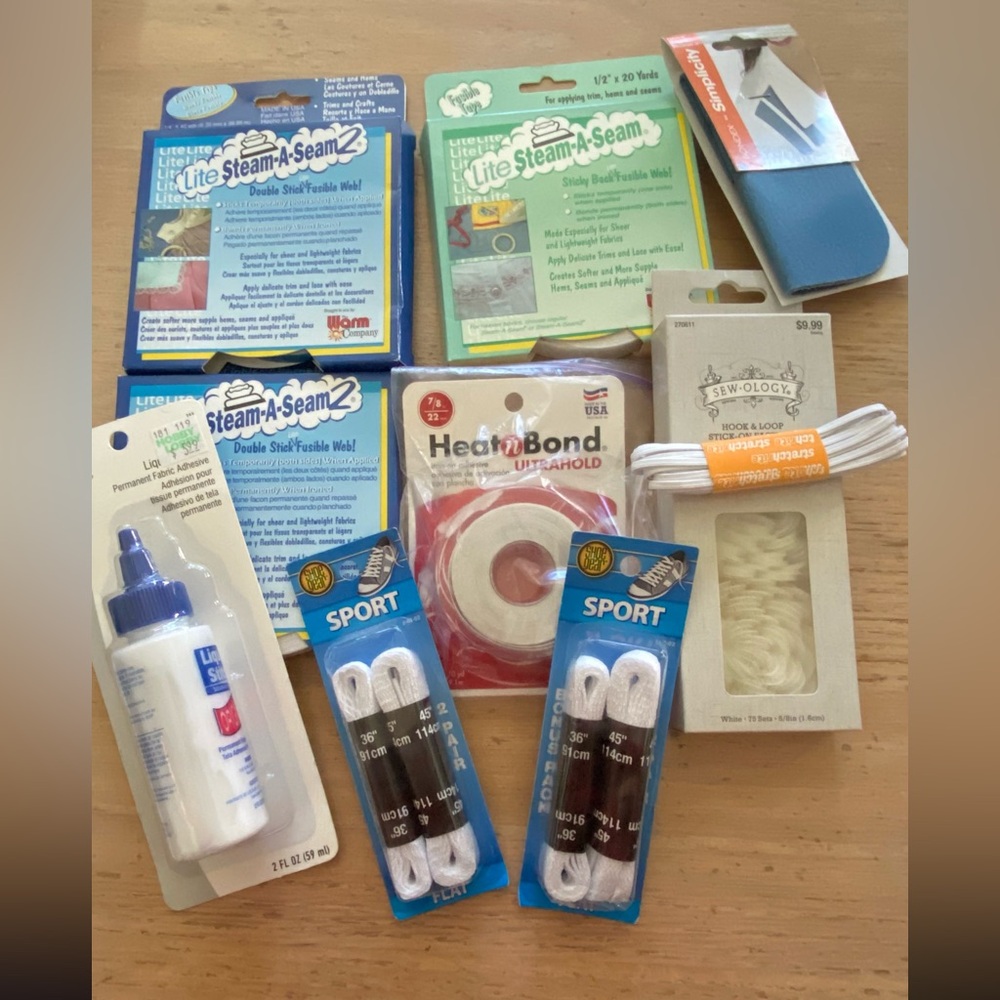 Box of Sewing Notions-shoelaces-fabric adhesive-fasteners-heatnbond-patches